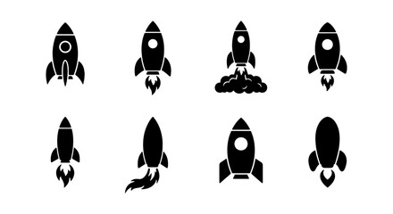 Retro Rocket Ship Icons Collection, Space Exploration Vector Set, Vintage Sci-Fi Launch Symbols, Black and White Graphic Elements © Mukta