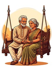 Obraz premium Senior indian couple sitting together on a traditional wooden swing