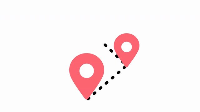 Animated red map location pin icon appearing along a black dotted route line on a 4k transparent background. Perfect for travel, navigation, and tracking concepts.