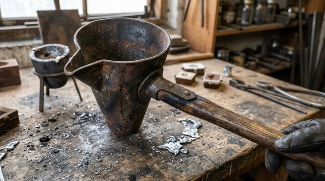 Old metal melting ladle in a traditional foundry workshop