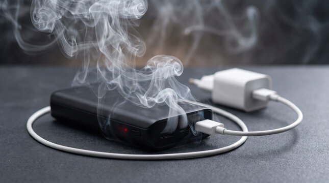 Smoking portable power bank connected to a charging cable beside a wall adapter, illustrating electrical safety, battery overheating, fire hazard, charging failure, and consumer electronics risk