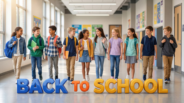 Diverse teens walking together in school hallway with back to school text banner, group of teenage students carrying backpacks, education concept, colorful corridor background for new school year