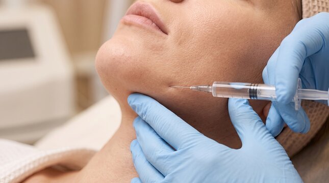 Closeup syringe injection into lower cheek and chin during cosmetic facial treatment