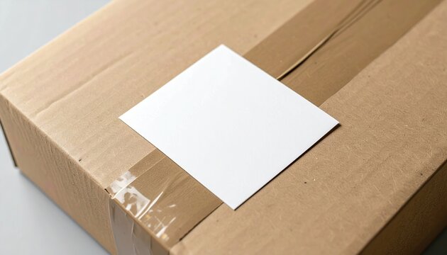 A pristine mockup of a blank square label on a cardboard parcel package wrap tape line roll seal