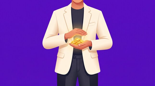 Financial growth wealth success and prosperity in a modern digital illustration concept: professional businessman in a white blazer holding glowing golden coins in his hands