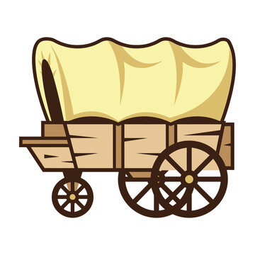 Covered wagon with wooden frame and wheels on plain background