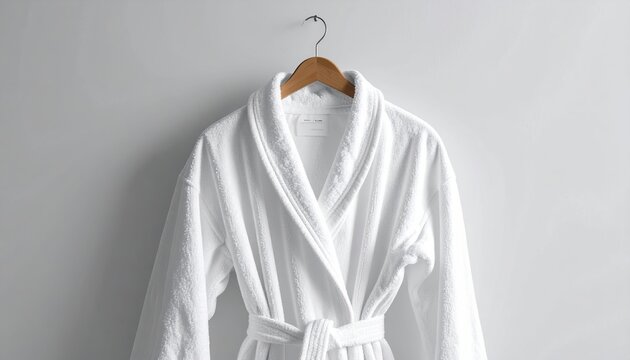 A clean white cotton bathrobe hanging against a minimal background