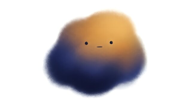 A cute, fluffy character with a simple face, colored in shades of blue and golden brown, with a soft, fuzzy texture