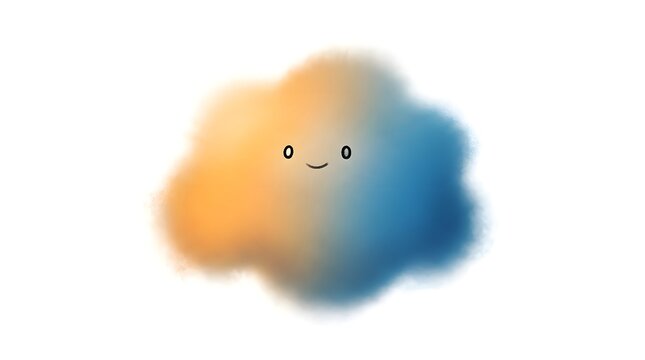 A cute cartoon cloud with a smiling face and an orange and blue gradient