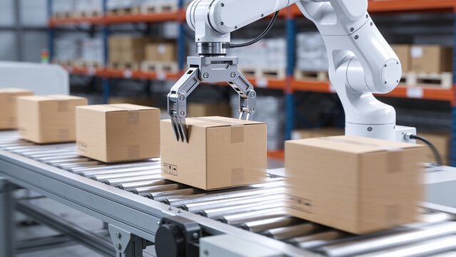 A robotic arm operates on a conveyor belt in a warehouse, sorting cardboard boxes for distribution.