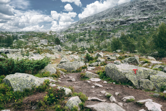 rocky mountain hiking trail with a red 'T' trail marker. Path to natural attractions of Trolltunga or Troll's tongue.