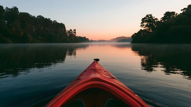 Red kayak gliding on calm lake at sunrise with misty forest shoreline and soft pastel sky reflecting on water surface