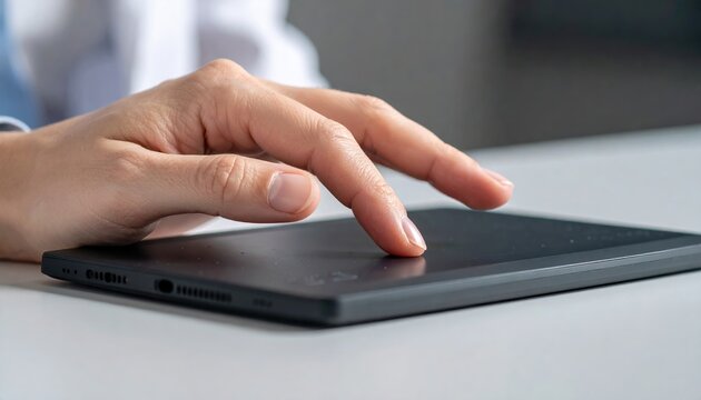 A close-up of a hand navigating with a wireless trackpad device surface area box frame