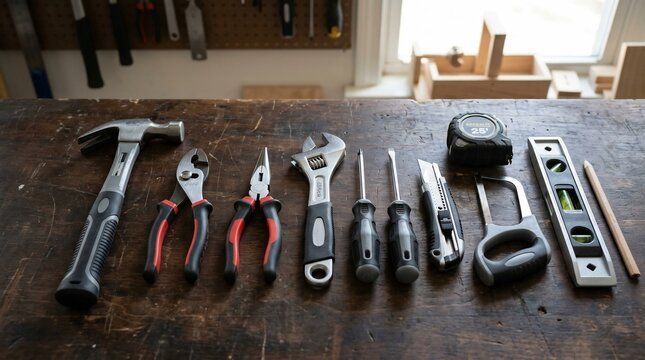 assorted construction tools arranged on a wooden workbench