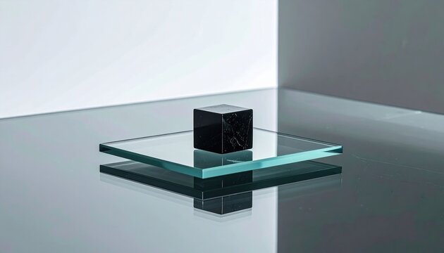 A minimal composition of a single obsidian cube on a reflective glass plate stand unit plate surface wall