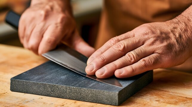 A person carefully sharpening a knife blade on a dark whetstone with hands positioned for precision and control