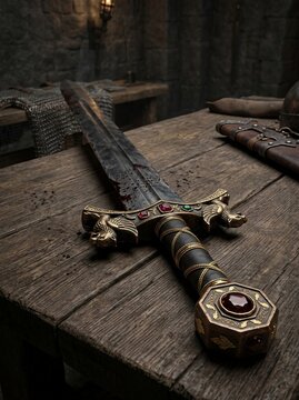 bloody medieval sword with gemstone hilt on wooden table