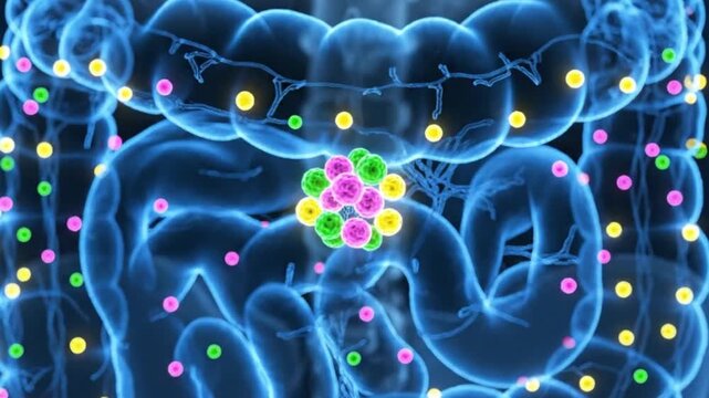 3d medical illustration of human colon with scattered colored nodes and central cluster