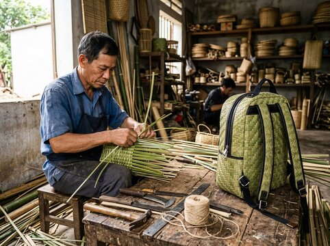 Craftsman weaving a bamboo backpack in a traditional workshop