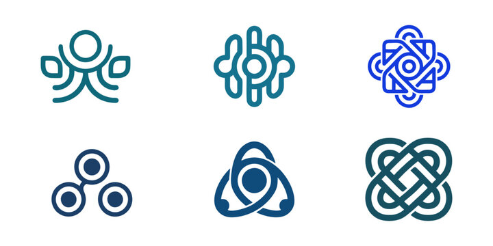 Set of blue and green abstract technology logo icons representing connection, infinity, network, and loop concepts