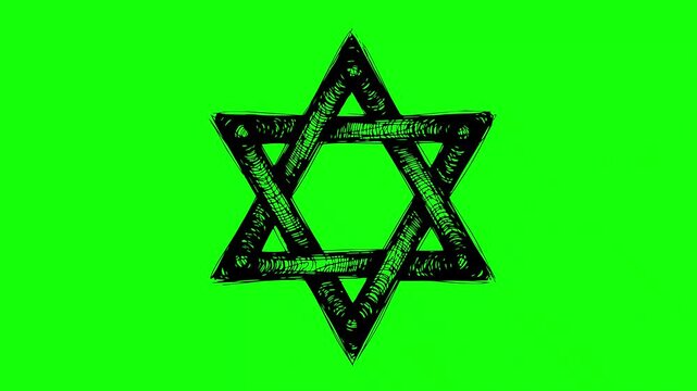 hand drawn star of david animation with line boil effect over green chroma key background isolated black fill religious symbol for video editing and postproduction projects