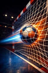 Fototapeta premium Handball goal with fire and speed, dynamic motion impact, scoring in stadium competition, intensity of energy and victory in sports championship, professional match action shot with motion blur