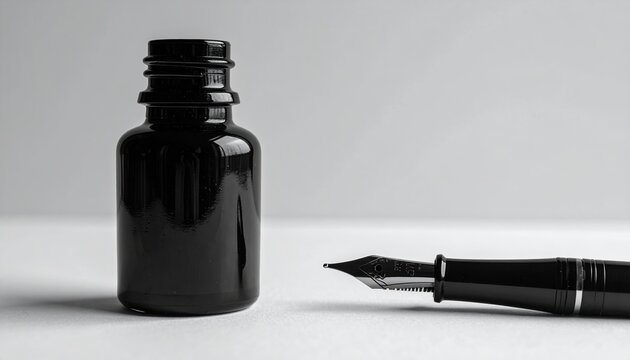 A sleek black ink bottle standing next to a calligraphy pen nib