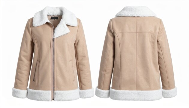 Beige winter wool jacket: A premium women classical beige wool winter jacket adorned with a plush white artificial faux fur collar, front view clothing mockup on white.