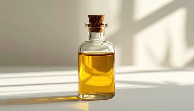 A clean commercial shot of a clear glass oil bottle with a cork stopper