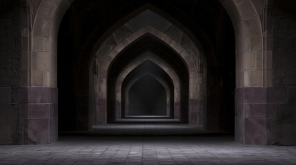 Obraz premium Dark stone arch interior gothic corridor vaulted hallway repeating arch shadowy passage empty room ancient architecture stone wall dim light medieval building
