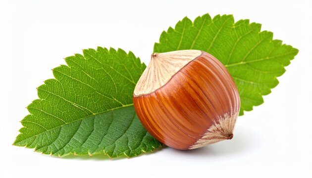 Hazelnut with green leaves: A single whole hazelnut in shell nestled with fresh green hazelnut leaves, isolated on white.