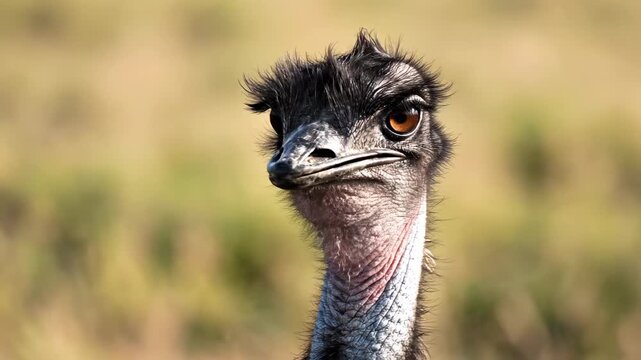 A curious emu gazes forward with an intense expression while standing in the sprawling natural wilderness where wild creatures roam freely under the warm glow of the afternoon sun during the day