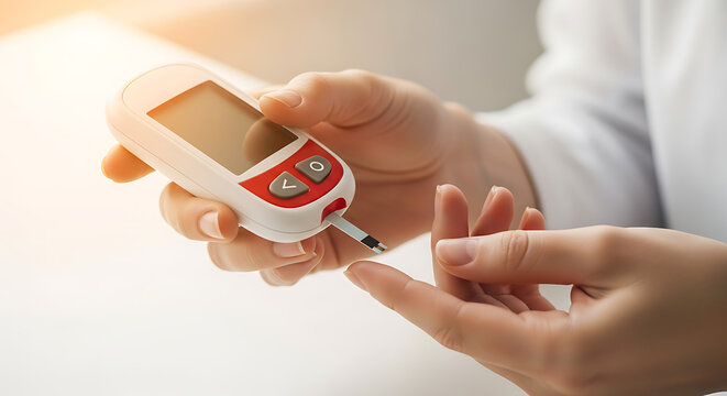 Person checking blood glucose level with a digital glucometer device at home.