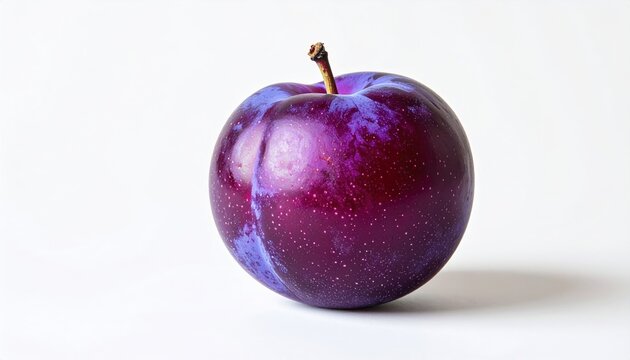 Plum isolated on white: A simple minimalist studio photograph of a single ripe purple plum isolated on a white background.