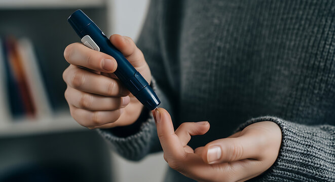 Person using a finger prick device to check blood glucose levels for diabetes management.