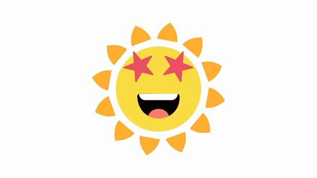 Animated flat vector icon of a smiling cartoon sun with starry eyes, laughing happily on a transparent background in 4k quality. Perfect for summer, weather, and cheerful concepts.