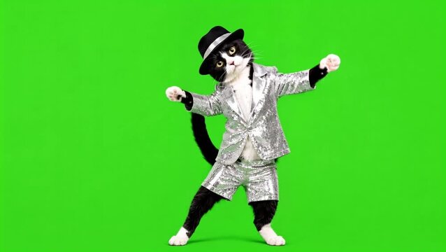 A dancing cat in a shiny silver suit and black hat on a green background. A funny pet performance with elements of animal humor.