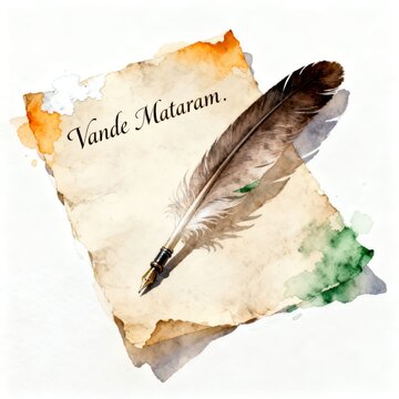 Watercolor of a feather quill on parchment, reading 'Vande Mataram', with saffron and green hues, symbolizing India's historic independence.