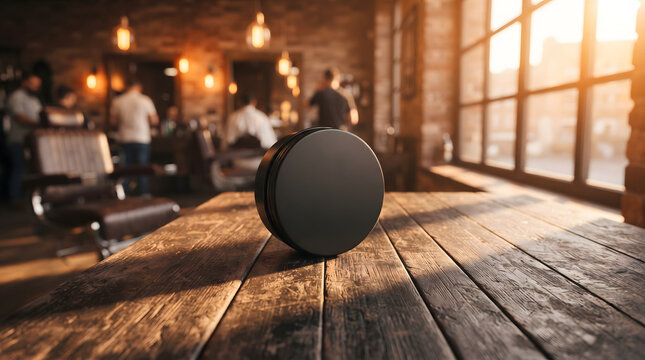 Blank black pomade tin container mockup on a rustic wooden table in a warm sunlit barbershop with blurred interior background