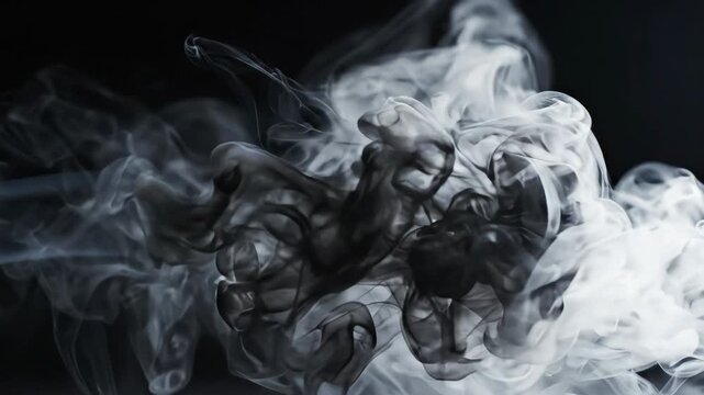 Black and white smoke swirling and expanding on dark background for cinematic overlay