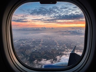 Fototapeta premium Stunning Aerial View of Sunset Sky and Clouds from Airplane Window.