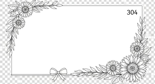 Black and white floral frame with sunflowers and bow illustration