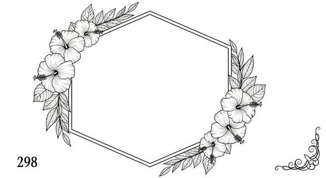 Black and white floral line art hexagonal frame with botanical elements
