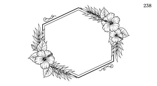 Botanical floral hexagonal frame with tropical leaves and hibiscus flowers for design