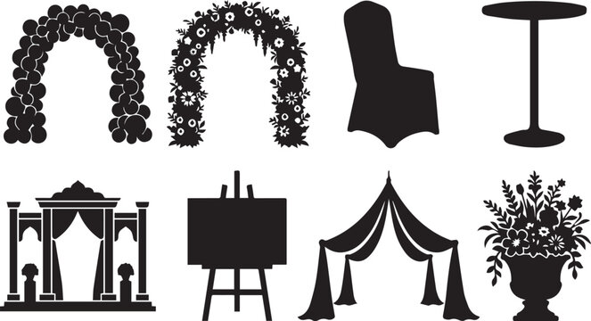 Wedding and Event Decor Black Solid Icon Set Featuring Floral Arch Balloon Canopy Tent and Chair Silhouettes