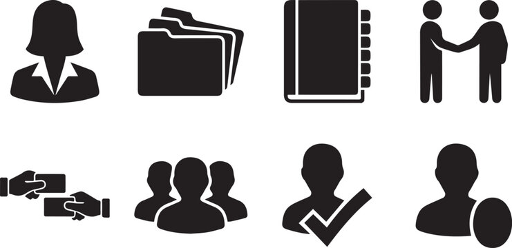 Business and human resources black glyph icon set featuring team user profile handshake and office folder symbols