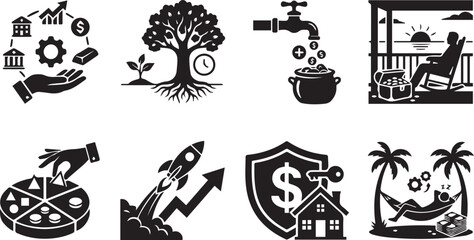 Naklejka premium Financial investment retirement planning and asset allocation vector icon set for wealth management business concepts