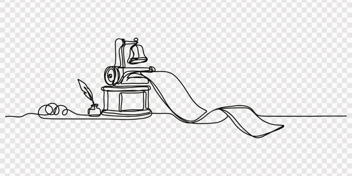 Line art of an old-fashioned machine spitting out sheets of paper for print media, Teleprinter machine with paper roll displaying text, communicating information through retro technology, representing