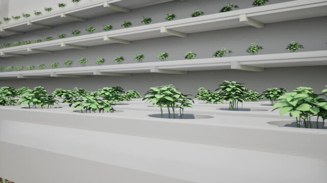 CGI of hydroponic vertical farming with green seedlings in white containers. Represents sustainable agriculture and the future of food production. Rendered in Unreal Engine.