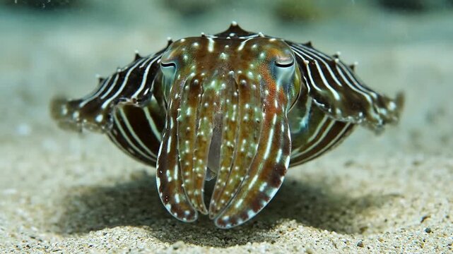 Macro Close-Up of a Cuttlefish Changing Skin Pattern While Hovering Over Sandy Seabed in Underwater Environment